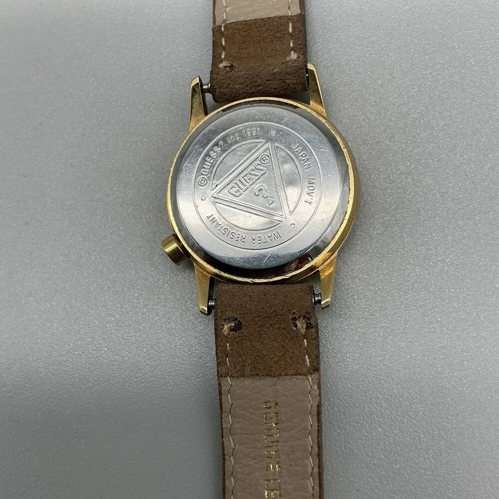 Vintage Guess 1991 Womens Watch 25mm Black Logo Dial Gold Tone New Battery
